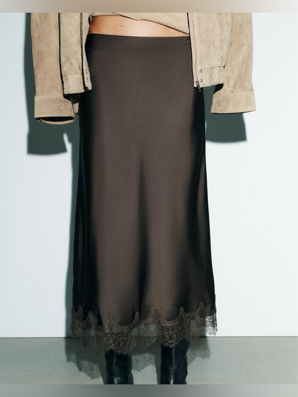 Zara Brown Satin Midi Skirt Black Lace Trim Hem Slip Style Size S